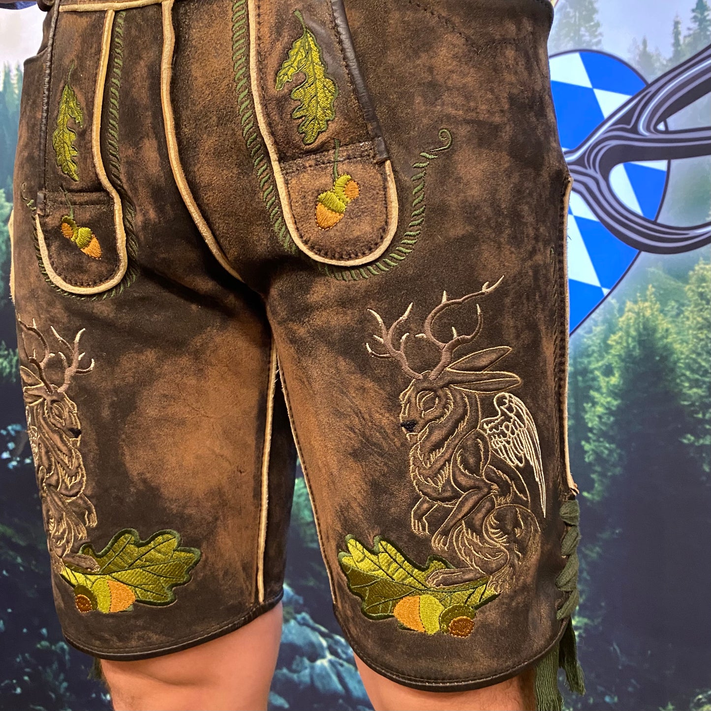 Herren Lederhose Wolpertinger Grüne Bänder