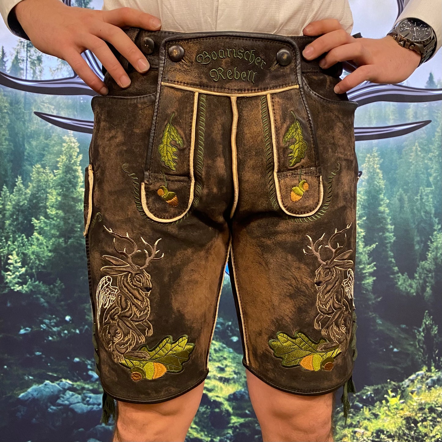 Herren Lederhose Wolpertinger Grüne Bänder