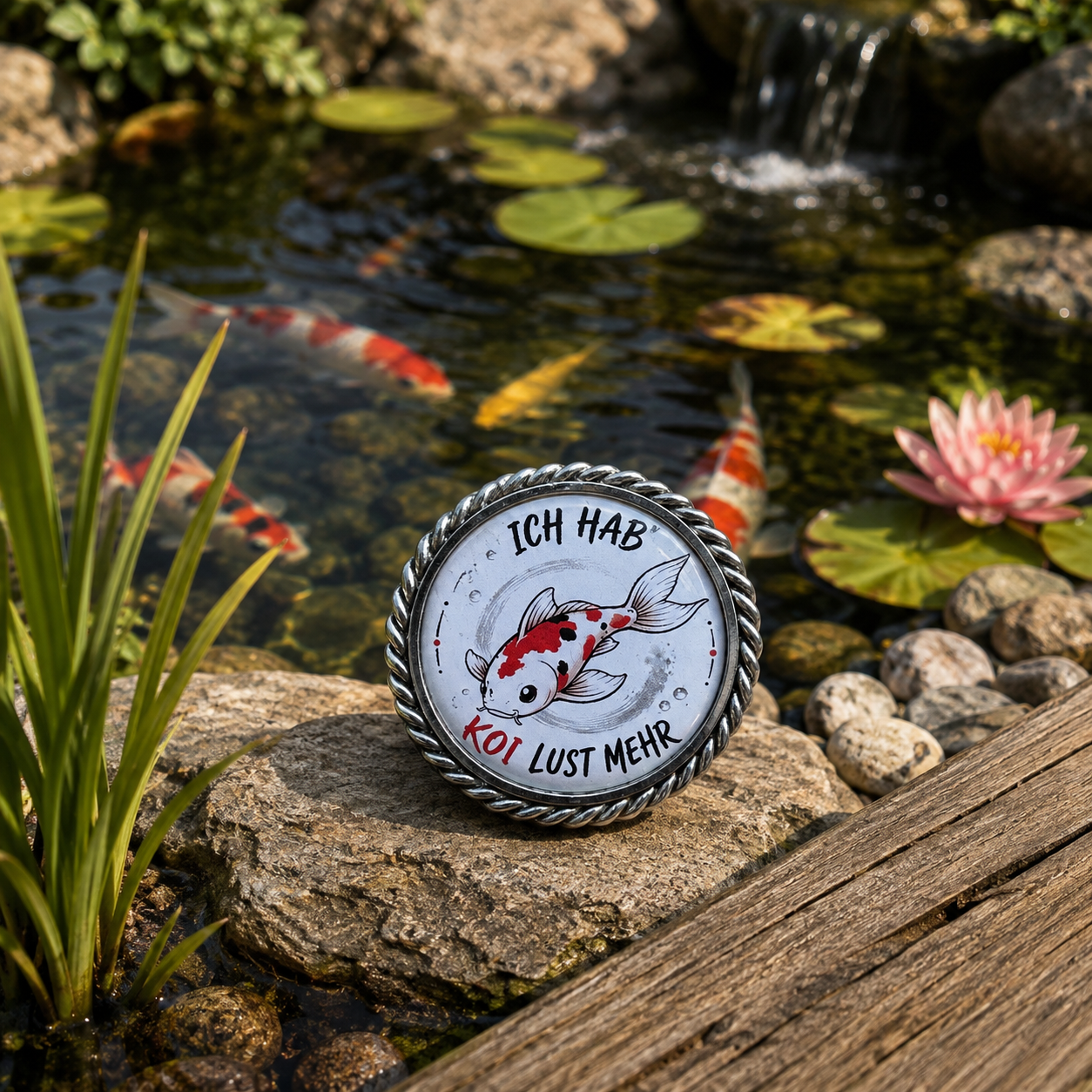 Pin mit Koi in Tusche und der Aufschrift Ich hab KOI Lust mehr, am Gartenteich
