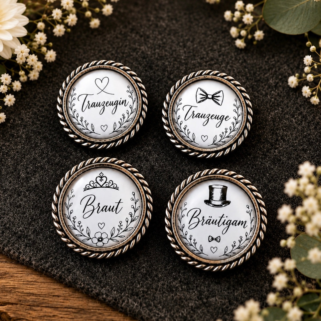 Hochzeits-Set – 4 Pins (Braut, Bräutigam, Trauzeugin, Trauzeuge)