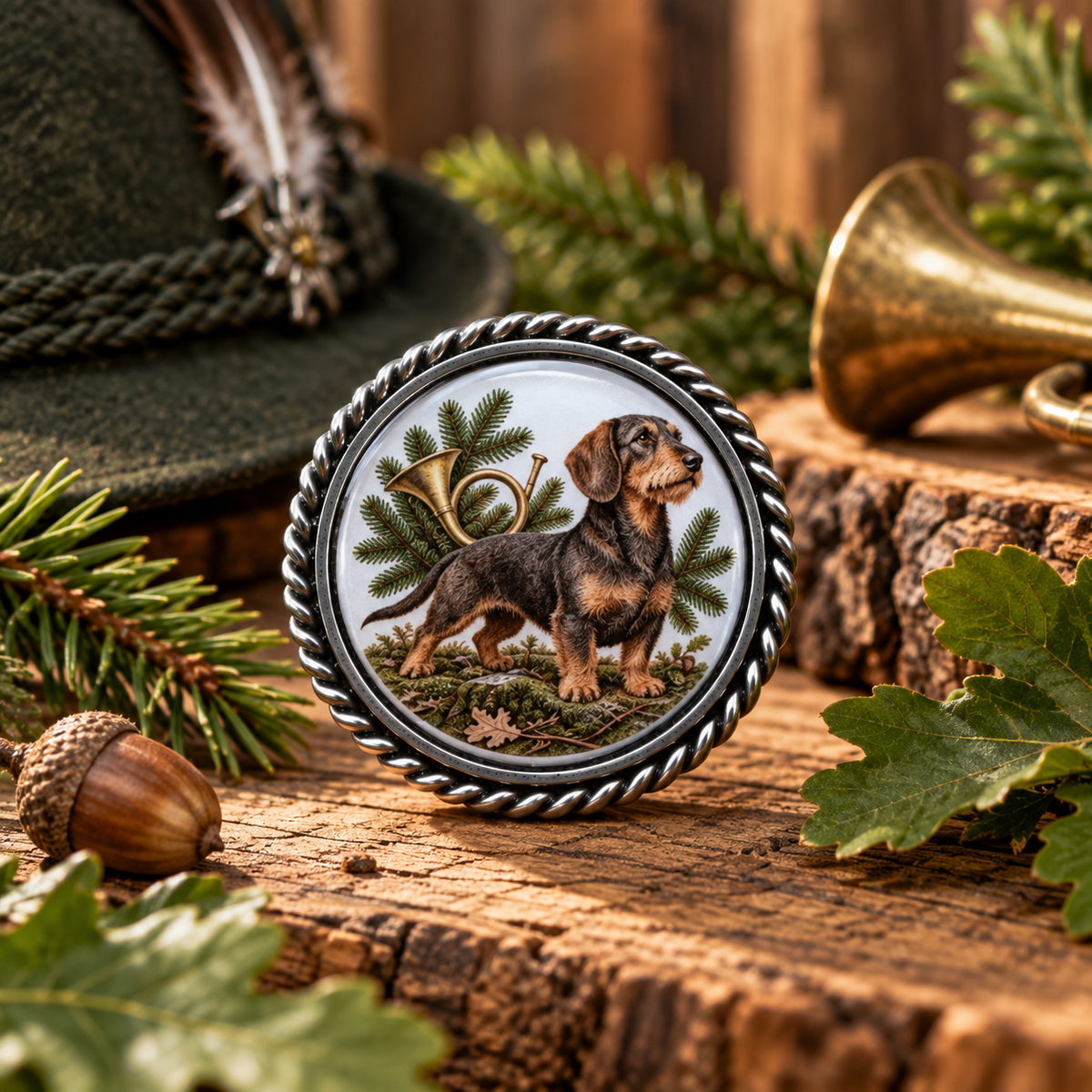 Pin Dackel mit Jagdhorn