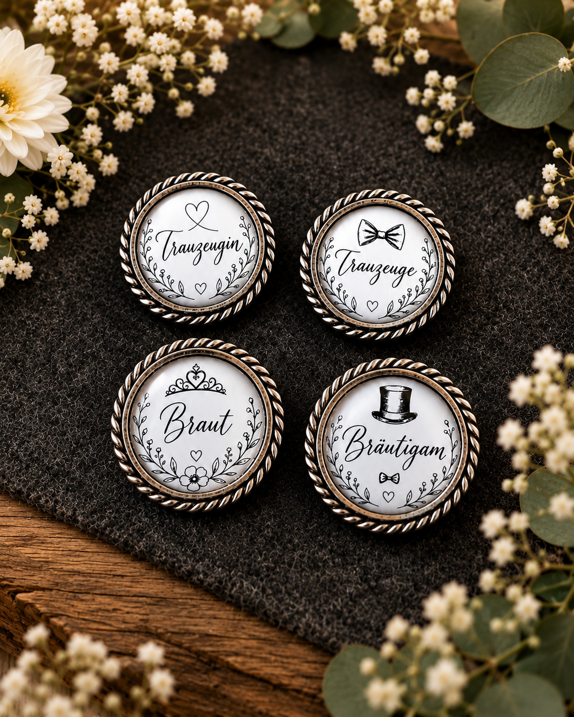 Hochzeits-Set – 4 Pins (Braut, Bräutigam, Trauzeugin, Trauzeuge)