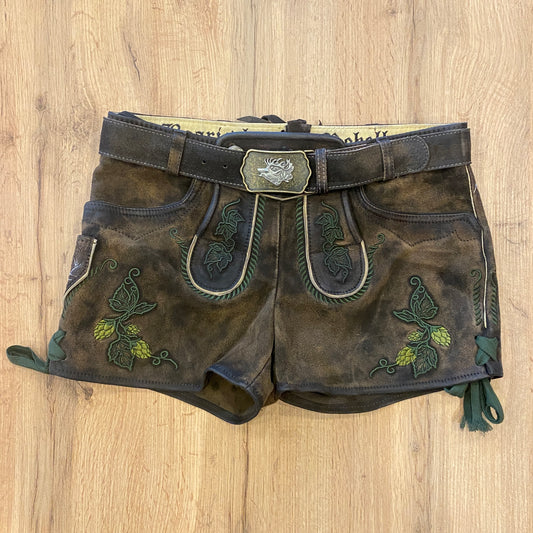 Damen Lederhose Hopfen Boarischer Rebell mit grünen Bänder Gr.32